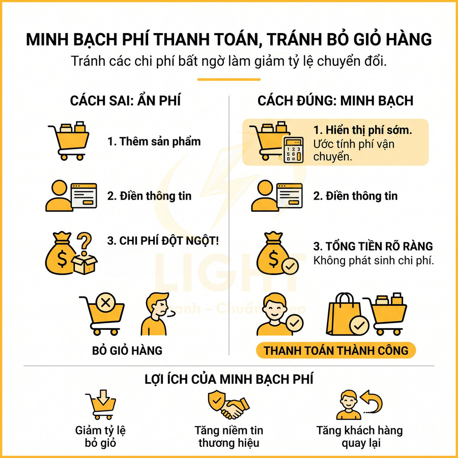 Infographic minh bạch phí thanh toán trong thương mại điện tử, so sánh ẩn phí và hiển thị phí rõ ràng để tăng chuyển đổi